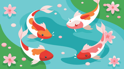 Fototapeta premium Serene japanese koi pond illustration with pink blossoms and bubbles scalable vector graphic