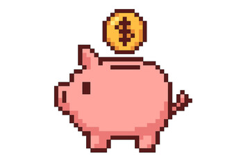 Piggy bank pixel art icon with dollar coin. 8-bit retro video game asset. Concept for savings, investment, finance, and economy. Vector graphic money box illustration.