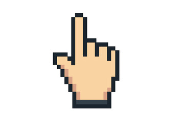 Pixel art hand cursor icon for navigation and selection. Retro 8-bit pointer for computer interface design. Vintage gaming style click symbol. Digital graphic element vector.