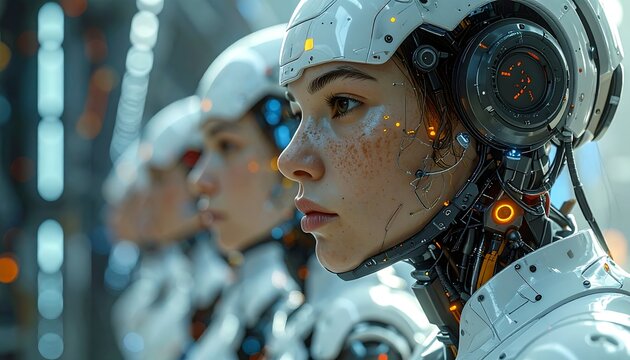 A row of humanoid robots with realistic skin tones and intricate mechanical details, lit by futuristic neon accents