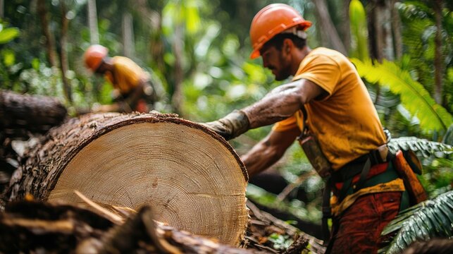 Two loggers in yellow shirts and orange hard hats working in a dense jungle setting. One logger is holding a large tree trunk while the other is standing