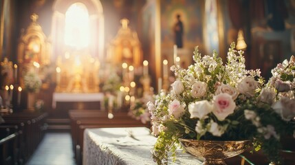 A wedding altar adorned with flowers and candles in a church setting.