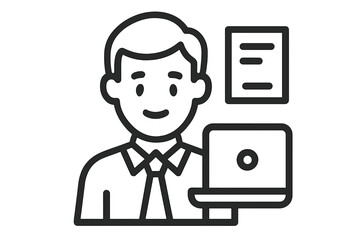 Office worker line icon. Businessman with laptop. Corporate employee character avatar. Professional manager, clerk or assistant at work. Business person with computer and document.