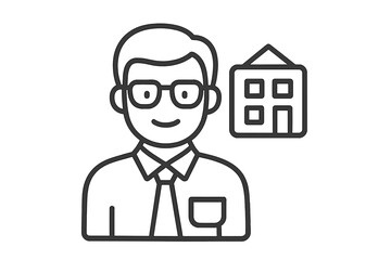 Real estate agent icon. Realtor character. Property broker with house symbol. Home ownership, mortgage loan, and investment concept. Businessman line art vector illustration.