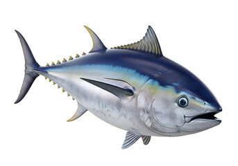 Obraz premium Detailed side view of a magnificent tuna fish, showcasing its vibrant colors and intricate scales against a stark black backdrop.