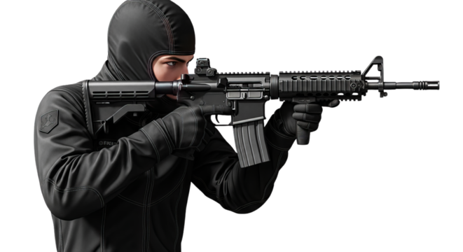 Armed and Dangerous A Masked Person with a Rifle Threatening Peace & Security in a Dramatic Staged Scene
