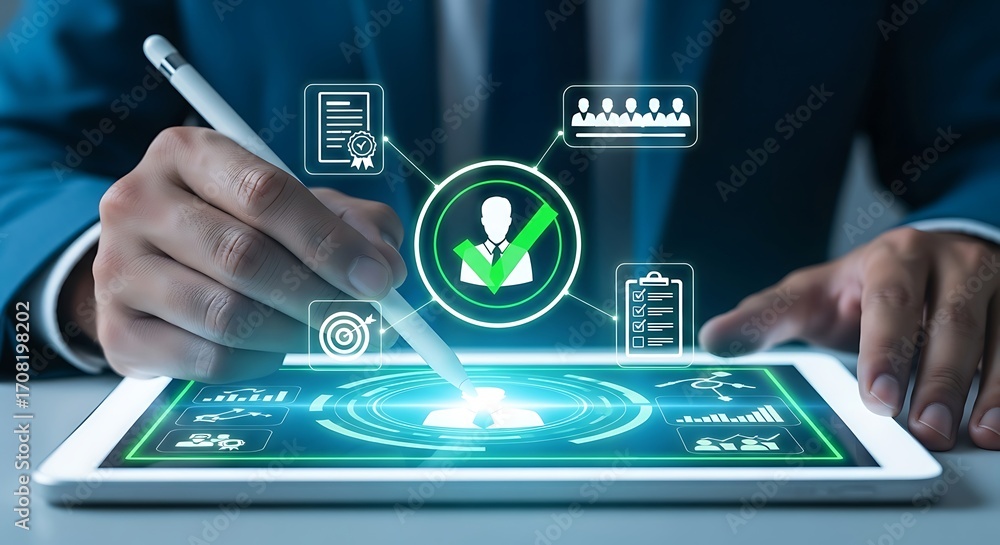 Poster business professional using digital tablet with cybersecurity and user profile interface for secure 