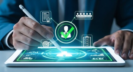 Business professional using digital tablet with cybersecurity and user profile interface for secure data management