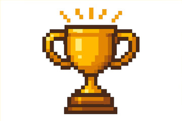 Pixel art trophy cup for victory. Golden award for winner. 8-bit retro game icon for achievement and success. First place prize symbol. Vector cartoon illustration isolated.