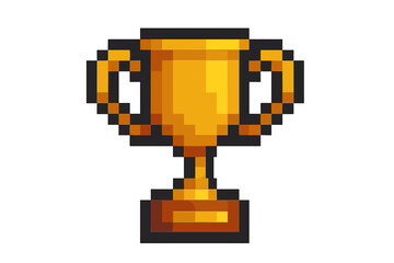 Golden trophy cup pixel art icon. 8-bit retro video game style vector illustration. Victory symbol for winner and champion achievement. First place award success concept.