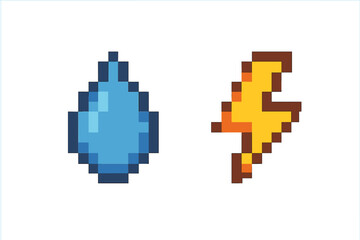 Pixel art water drop and lightning bolt icon set. 8-bit retro video game assets. Weather symbols for nature and energy. Vector illustration of a blue aqua tear and a yellow thunder flash.