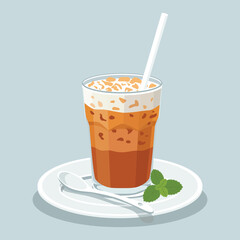 vector flat color of Thai iced tea or cha yen with condensed milk and evaporated milk serve with straw and mint