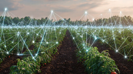 A digital network overlay illuminates rows of crops in a field, symbolizing smart agriculture and technology integration in farming.