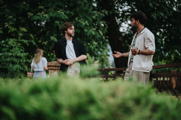 Fototapeta premium Two people are having a conversation outdoors in a park, showcasing interaction and nature.