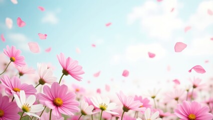 Fototapeta premium Pink and White Daisies Dance Under a Bright Blue Sky