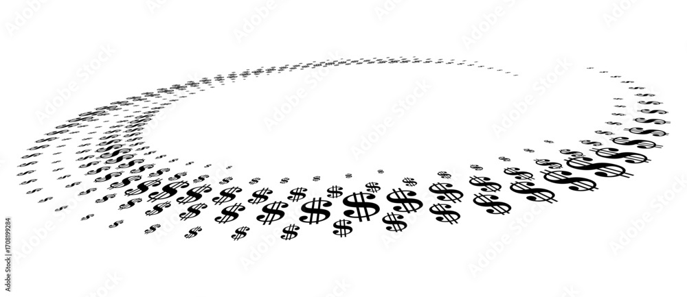 Poster dollar black sign in circle form. halftone effect with us currency sign. perspective view spiral.