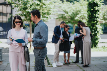 Obraz premium Business people interacting outdoors, sharing and reviewing documents in a relaxed setting, capturing collaboration and teamwork.