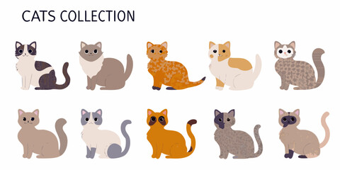 Collection of Ten Cute Cartoon Cats in Various Poses Keywords: cat, kitten, feline, animal, pet