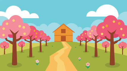 Peaceful orchard blooming pink cherry blossom trees and cozy house illustration vector