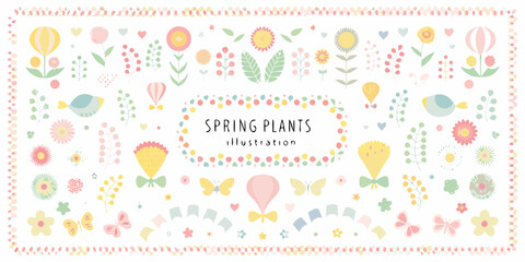 Spring Illustration with Flowers Birds and Hot Air Balloons Keywords: Spring, illustration
