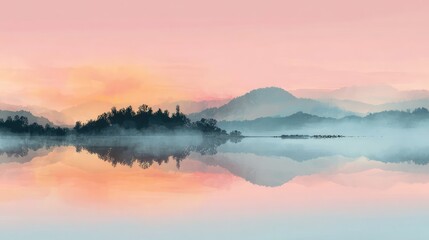 Fototapeta premium A serene lake reflecting misty mountains and trees under a soft pink and orange sunrise sky, creating a calm and dreamy landscape view.
