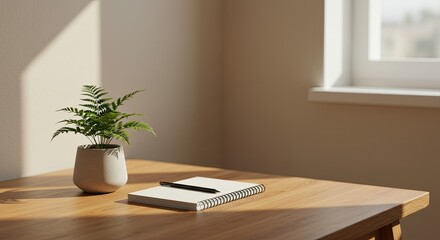 Fototapeta premium Fern Plant and Notebook on Wooden Desk in Sunny Room