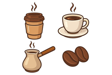 Coffee icon set vector cartoon illustration. Collection of hot drinks: takeaway cup, espresso mug, Turkish coffee cezve, and roasted beans. Beverage graphic elements.