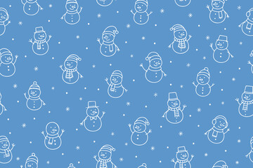 Seamless pattern of cute snowmen in doodle style. White snowmen on blue background. Design for holiday themes, kids projects, packaging