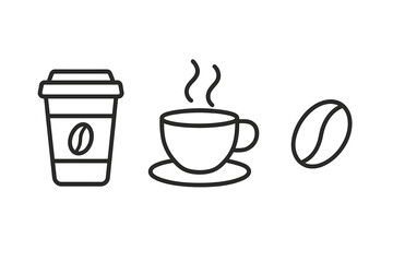 Coffee time icon set linear vector. Take away paper cup, hot drink mug, coffee bean symbol collection. Outline minimalist graphic elements for web design, menu, app.
