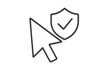 Safe click vector icon. Mouse cursor arrow and protection shield with checkmark. Internet security concept. Cybersecurity, data privacy, trusted website, antivirus symbol.