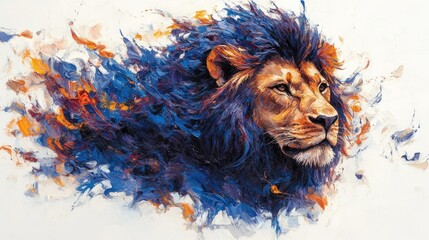 Abstract lion portrait; vibrant colors; dynamic brushstrokes; white background