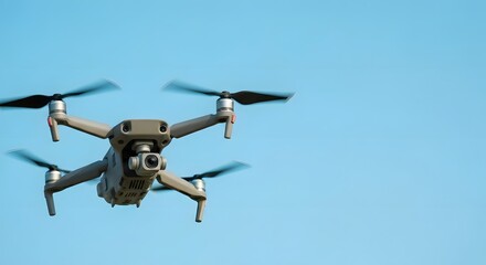 High-tech unmanned aerial vehicle soaring gracefully against a vibrant blue backdrop, symbolizing innovation in remote photography and videography, capturing a unique perspective from above