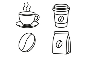 Coffee icon set linear outline style. Vector graphic collection for cafe menu, app, website. Includes hot cup, paper cup to go, coffee bean, and packaging bag illustration.