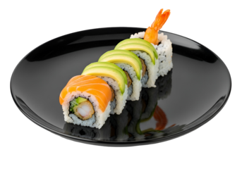 Vibrant sushi roll, showcasing a colorful array of avocado, shrimp, and salmon, artfully arranged on a sleek black plate, against a pure black background.