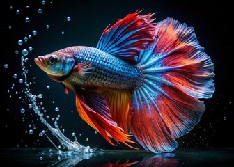 Fototapeta premium Aggressive Betta Fish, Multicolored, Underwater Action Shot, Night Photography