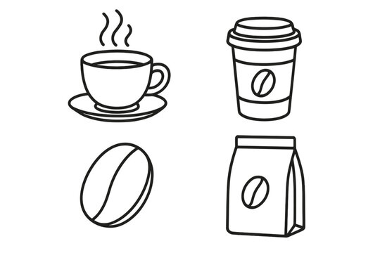 Coffee icon set linear outline style. Vector graphic collection for cafe menu, app, website. Includes hot cup, paper cup to go, coffee bean, and packaging bag illustration.