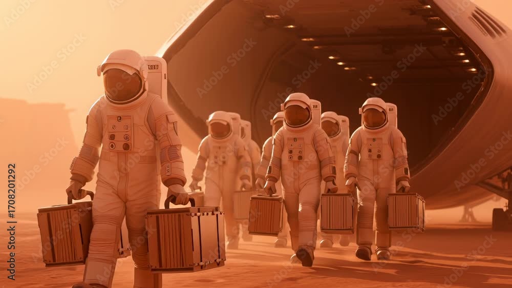 Poster astronaut team in white protective spacesuits traversing rocky martian terrain, moving in coordinate