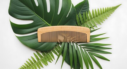Eco-Friendly Bamboo Comb on Tropical Greenery, A Sustainable Choice
