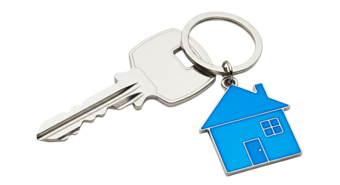 A metallic key with a blue house-shaped keychain, symbolizing home ownership, real estate, and the concept of a new beginning or a safe haven