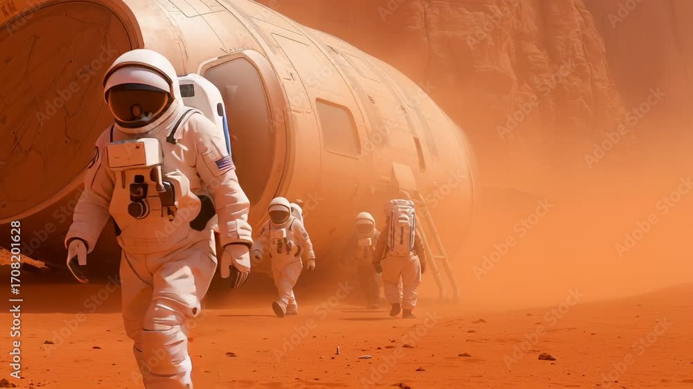 Poster astronauts in white spacesuits walking on mars surface near large spacecraft module. dusty orange la