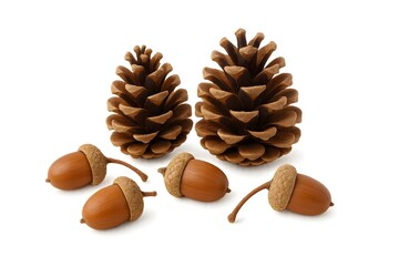 Two pine cones and five acorns isolated on white background, autumn woodland still life, natural elements for seasonal decor and craft design.