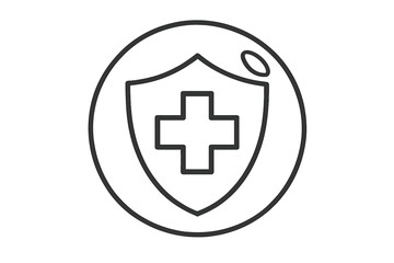 Obraz premium Medical health protection shield with cross. Healthcare insurance safety symbol. Line icon for hospital, pharmacy, emergency service. Secure guard defense vector logo.