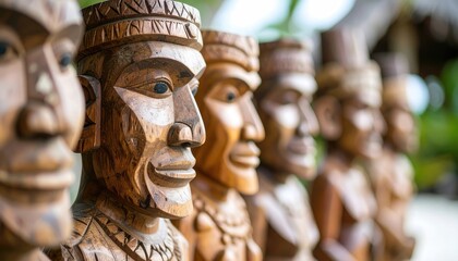 Fototapeta premium Row of Carved Wooden Statues with Blurred Background Depth of Field Focus on Figures Outdoor Setting Art and Craft Wood Brown Color