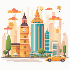 Cityscape Illustration Featuring Clock Tower and Modern Buildings