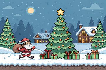Merry Christmas Pixel Art Retro Game With Santa Adventure Begins Tonight