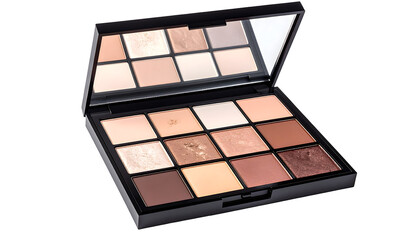 Cosmetic powder palette with multiple skin tones, isolated on transparent background