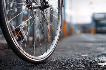 Close-Up of Bicycle Wheel on Wet Asphalt Road with Orange Line in Urban Tunnel at Night