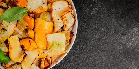 grilled zucchini warm salad vegetables dish natural product tasty snack fresh delicious gourmet food background on the table rustic top view copy space keto and paleo diet vegan and vegan food