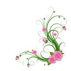 Ornate pink roses and green vines flourish in a decorative corner flourish design floral isolated on a white transparent background png file download.
