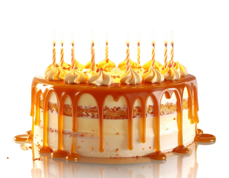 Hyper-realistic 8K PNG of a layered birthday cake with smooth caramel drip, decorated 926567